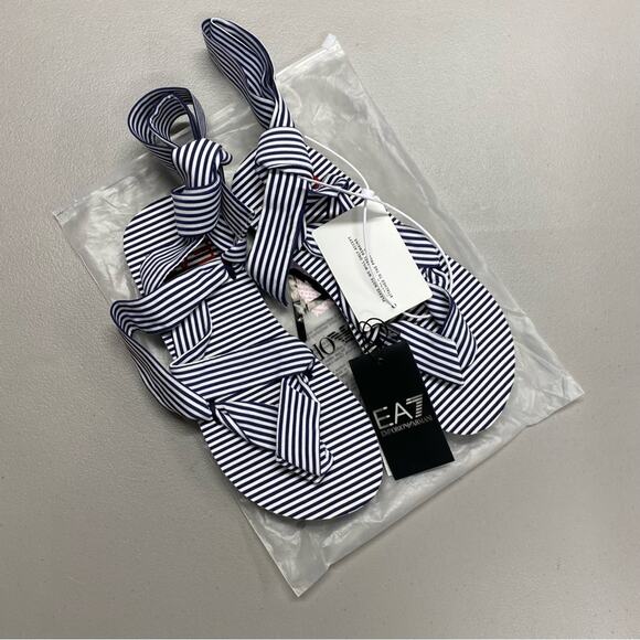 Emporio Armani Sandals Flip Flops Blue White Bi-Color Stripes Tie Up 7.5 NEW - Picture 1 of 9